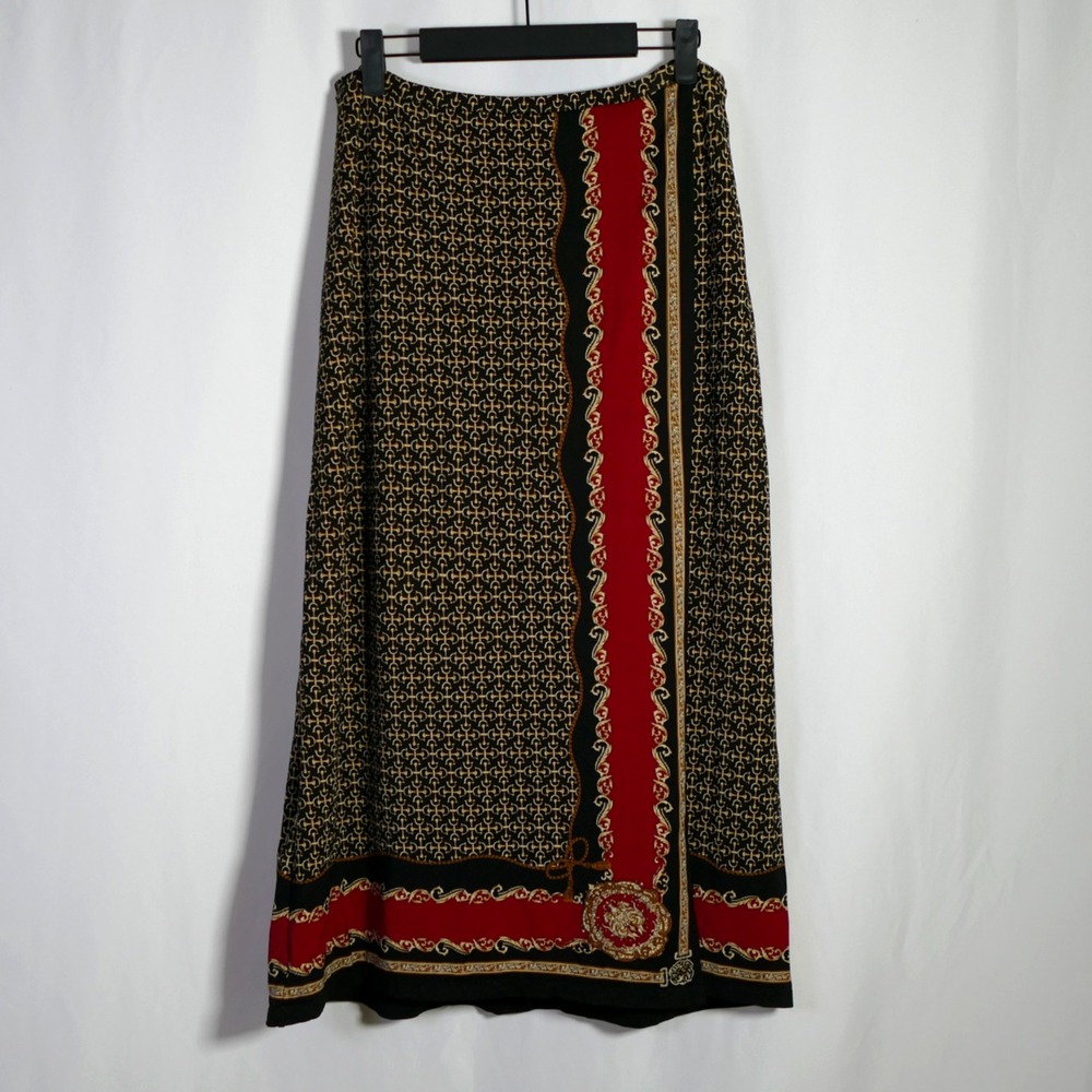 VTG Talbots Womens Equestrian Print Faux Wrap Midi Skirt Size M Petite Old Money